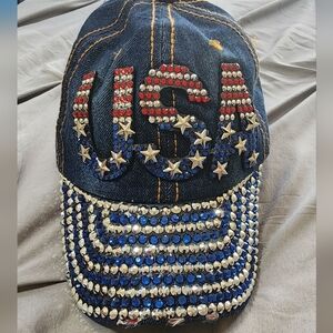 USA Jewel Studded Baseball Cap Star Bling Rhinestone Distressed Jean Denim Hat